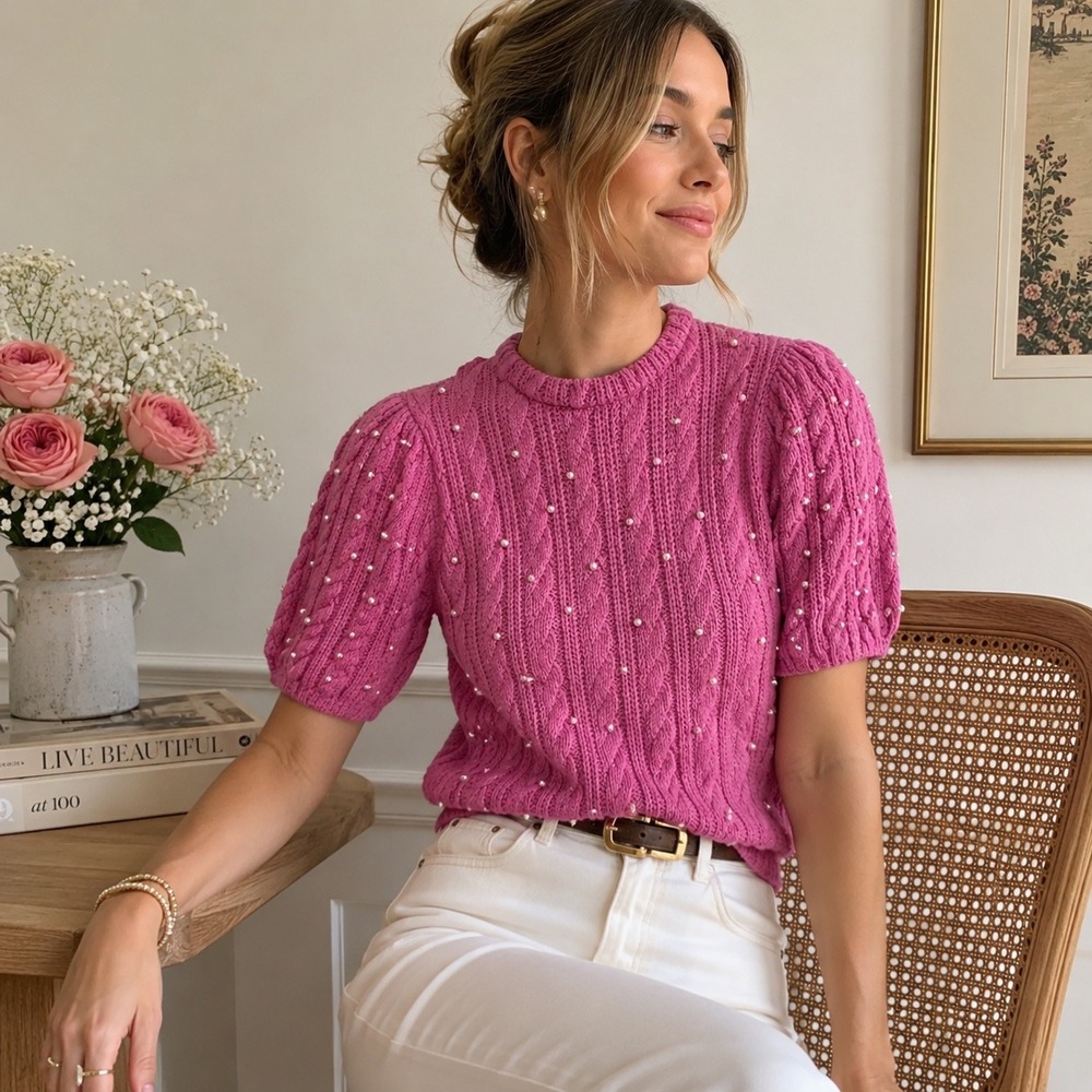 Zara Pink Cable Knit Pearl Embellished Puff Sleeve Sweater Top Size Small